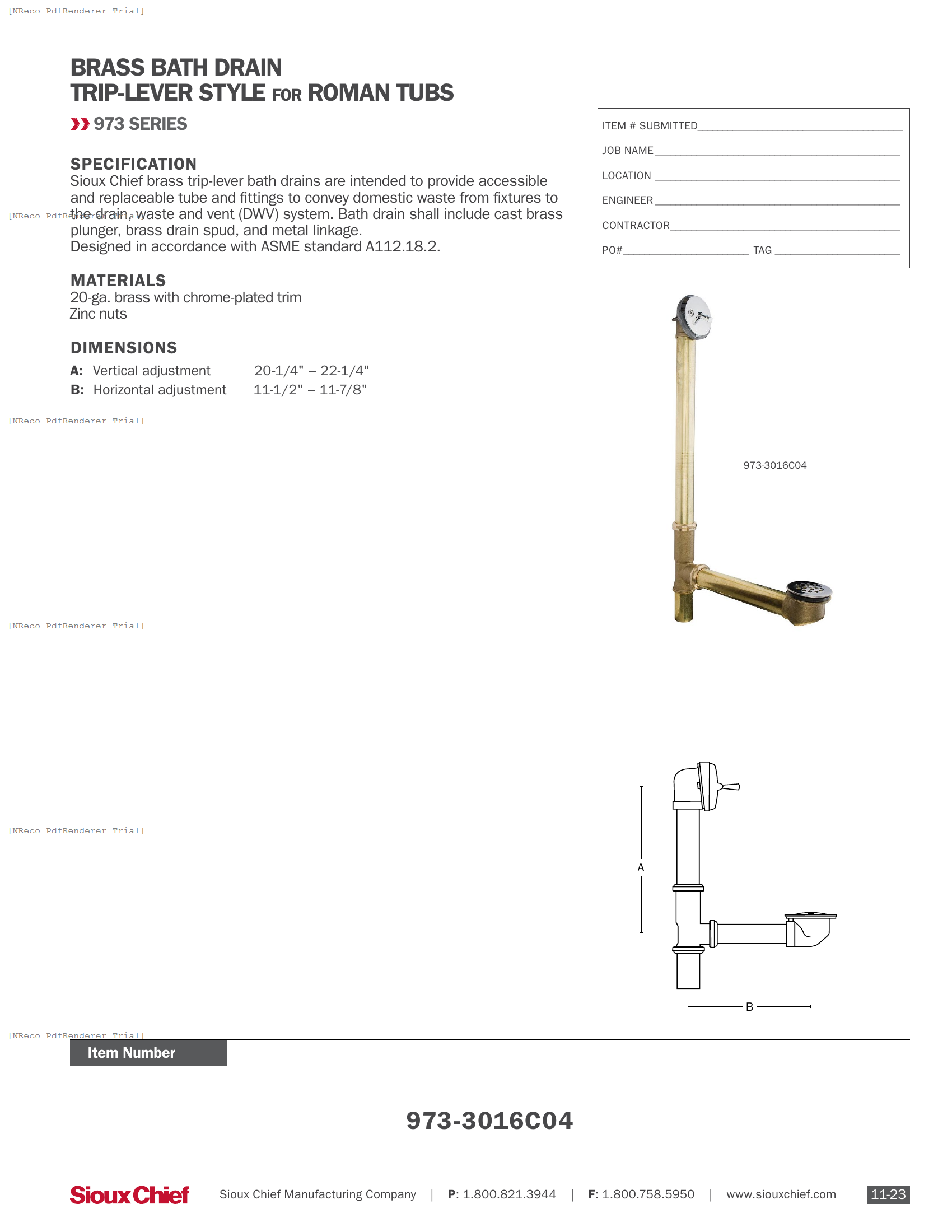 973-3016C04 - BRASS BATH DRAIN FOR ROMAN TUBS WITH TRIP LEVER - SPEC SHEET.PDF Specification Document